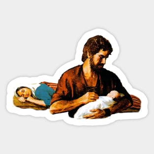 St. Joseph holds baby Jesus while Our Lady sleeps No Background Sticker